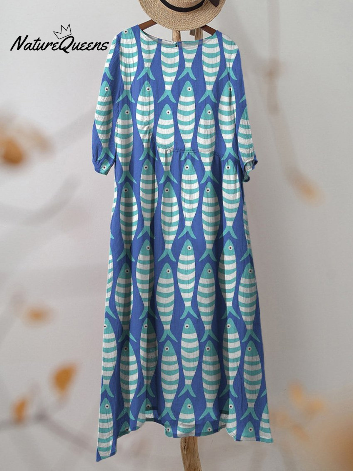 Lovely Sea Fish Pattern Printed Women's Pocket Cotton Dress