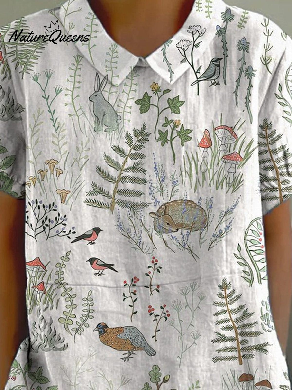 Tranquil Woodland And Animal Pattern Printed Women’s Casual Cotton Linen Shirt