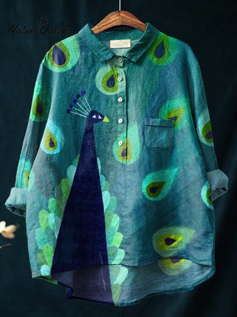 Women's  Peacock   Art Print Casual Cotton And Linen Shirt