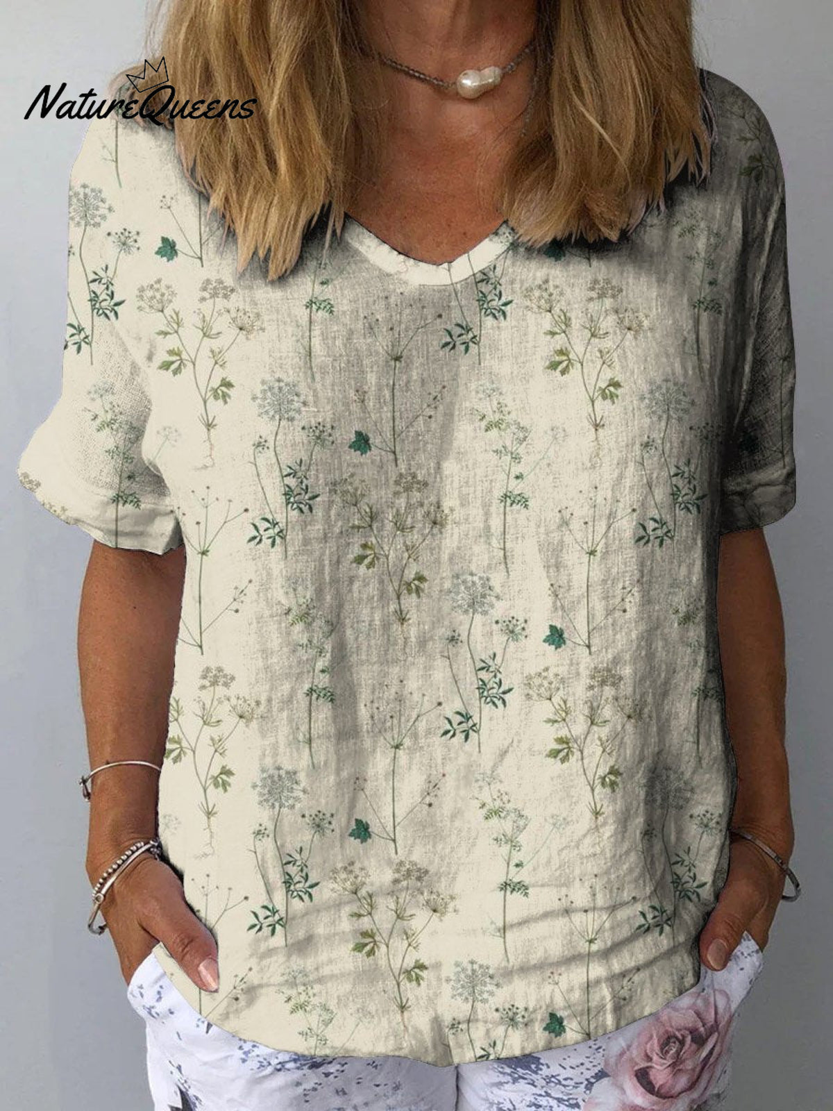 Women’s Retro Floral Art Print Casual Cotton And Linen Shirt Beige / S