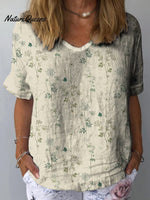 Women’s Retro Floral Art Print Casual Cotton And Linen Shirt Beige / S