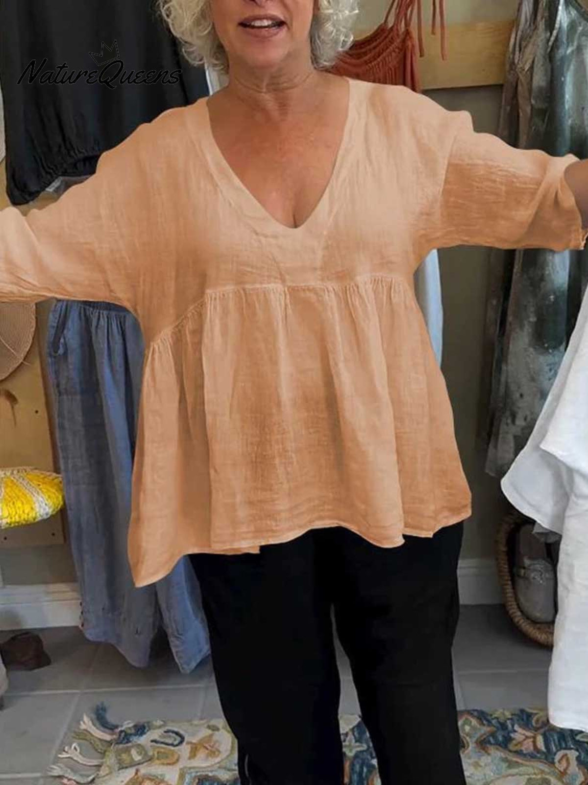 Women's Loose 3/4 Sleeve V-Neck Cotton and Linen Solid Color Shirt