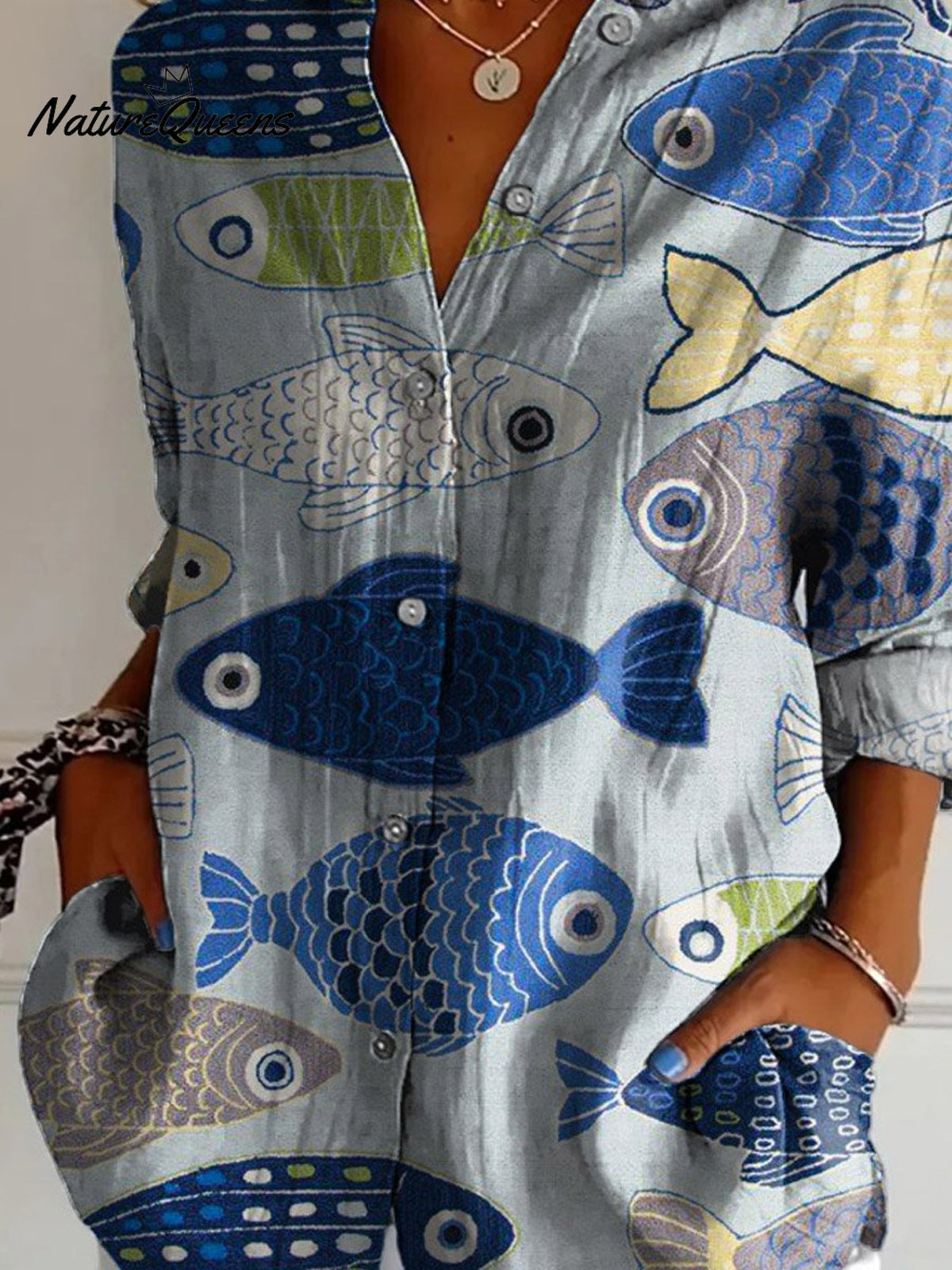 Women's Vintage Lovely Fish Art Print Casual Cotton Shirt