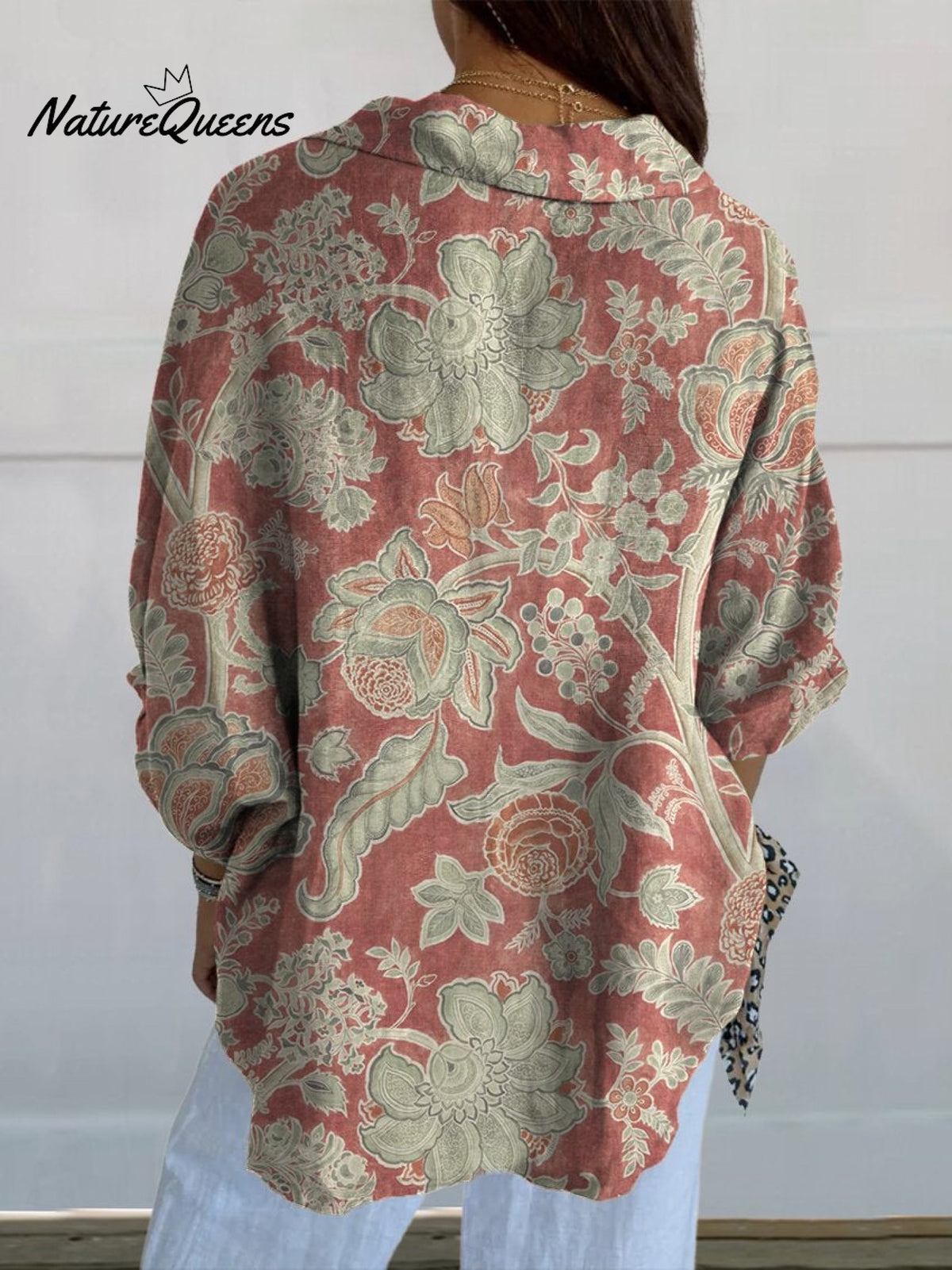 Women's Vintage Hand Painted Floral Art Print Casual Linen V Neck Shirt