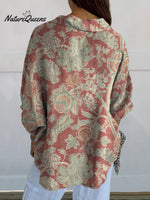 Women's Vintage Hand Painted Floral Art Print Casual Linen V Neck Shirt