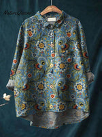Women's Floral Art Print Casual Cotton And Linen Shirt
