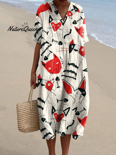 Women's Cat  Art Print Flowy Dress