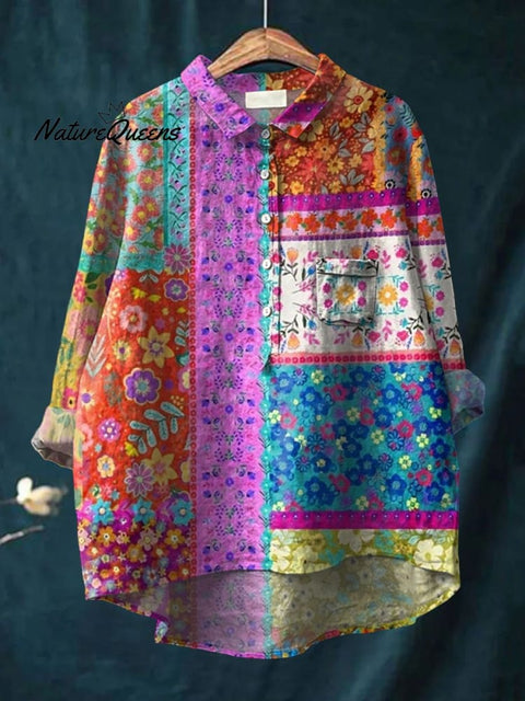 Women's Flower Print Casual Cotton And Linen Shirt