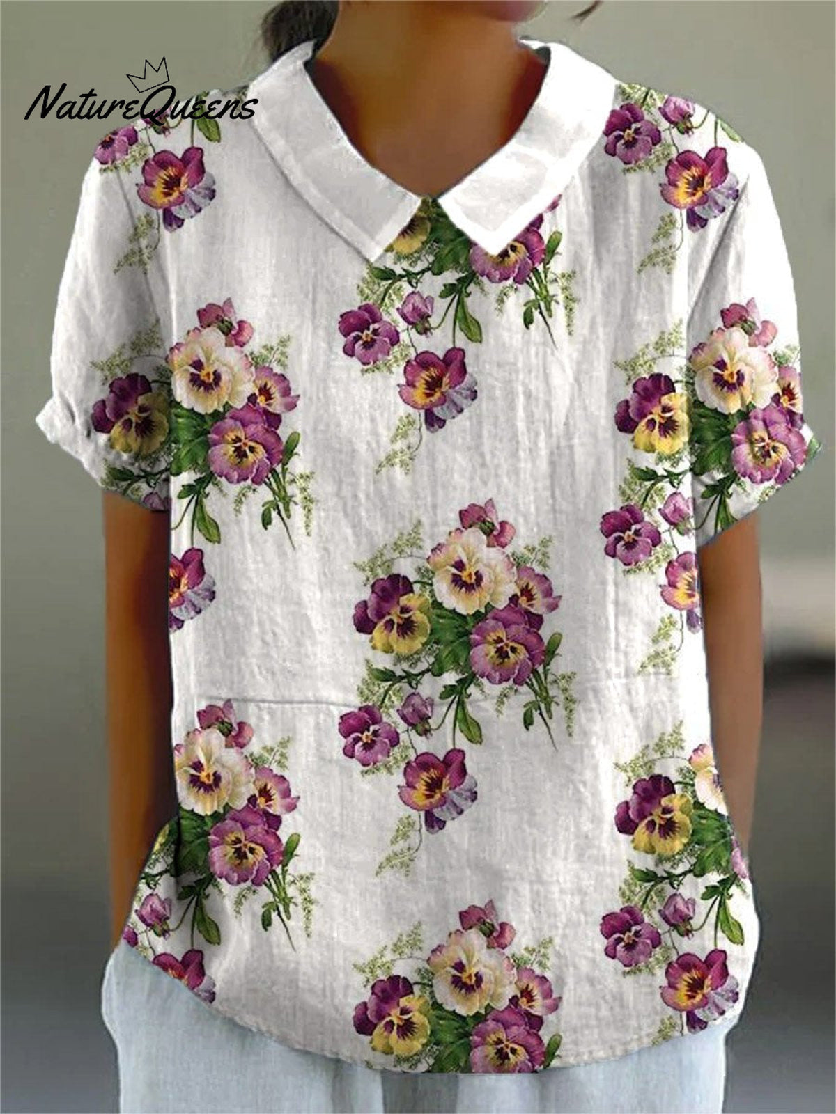 Women's Vintage Lovely Pansies Art Print Casual Cotton And Linen Shirt
