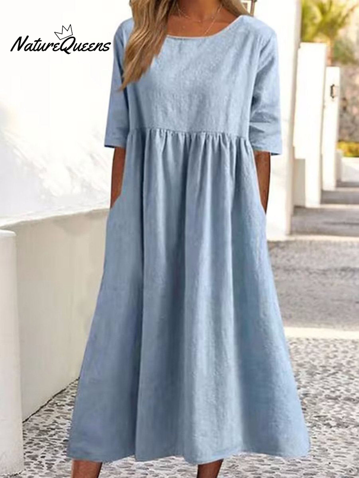 Cotton And Linen Casual Short Sleeve Pocket Pleated Loose Round Neck Dress Light Blue / S