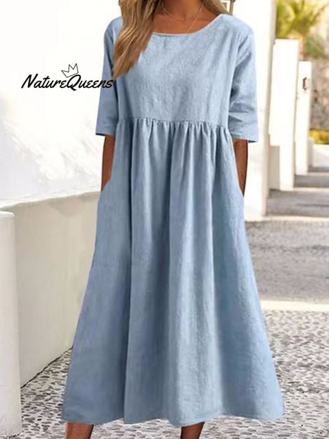 Cotton And Linen Casual Short Sleeve Pocket Pleated Loose Round Neck Dress Light Blue / S