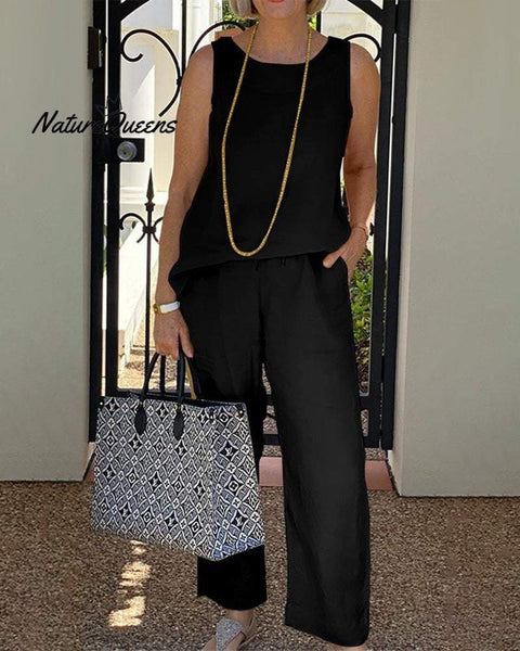 Casual Comfort Cotton Linen Sleeveless Two-piece Set
