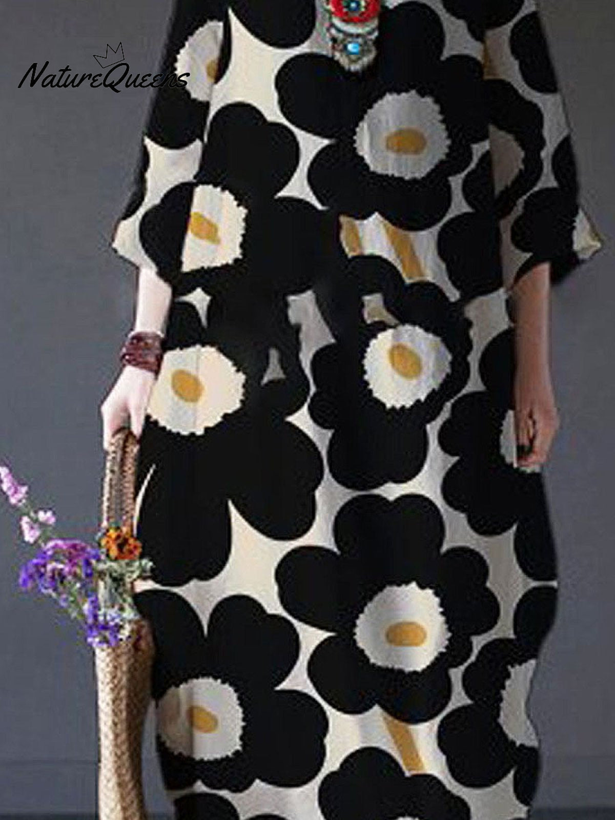 Women's Lovely Floral Art Print Large Size Loose Long Sleeve Casual Dress