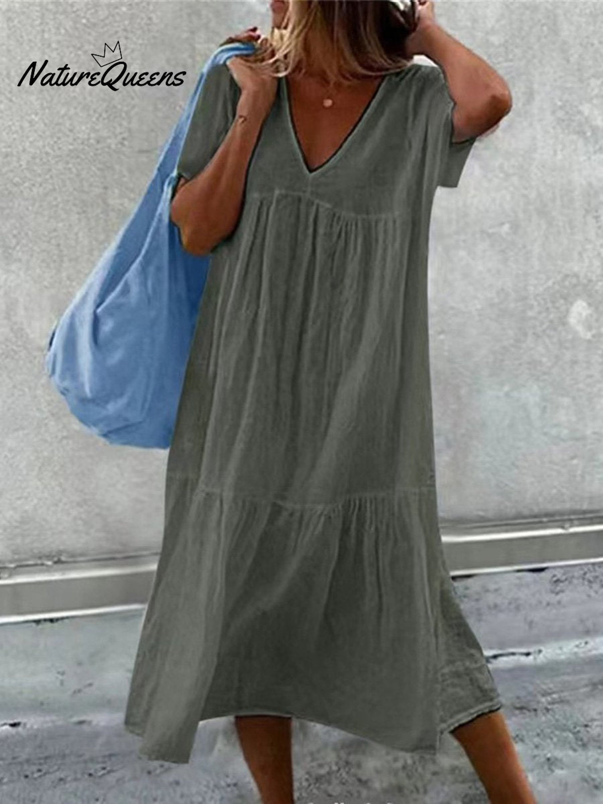 Women's V-Neck Short Sleeve Cotton And Linen Midi Dress