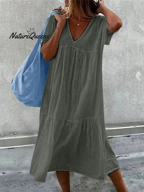 Women's V-Neck Short Sleeve Cotton And Linen Midi Dress