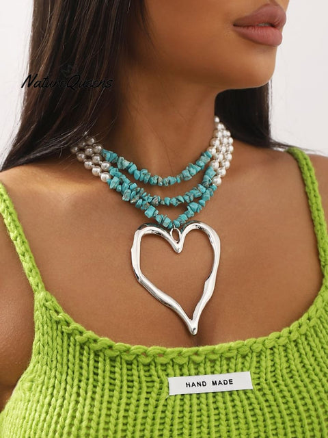 Bohemian Multi - Layered Large Heart Beaded Necklace