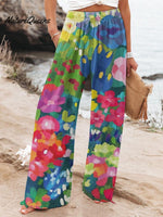 Women's Flower Printed Cotton And Linen Casual Pants