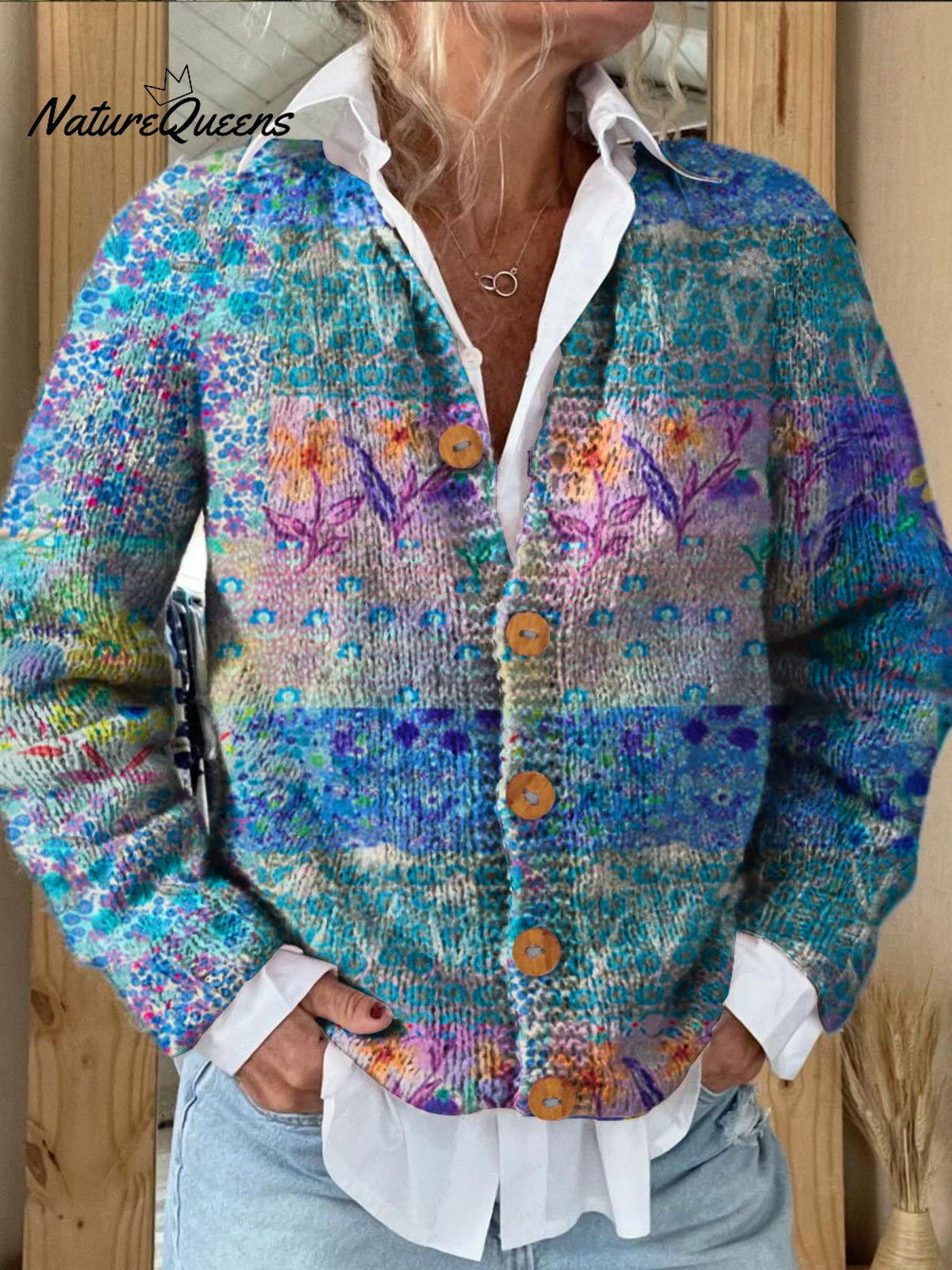 Cute Floral Patchwork Art Print Buttoned Cardigan Sweater