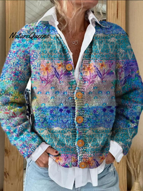 Cute Floral Patchwork Art Print Buttoned Cardigan Sweater