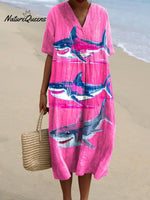 Women's Vintage Ocean Fish Sharks Art Print Flowy Dress