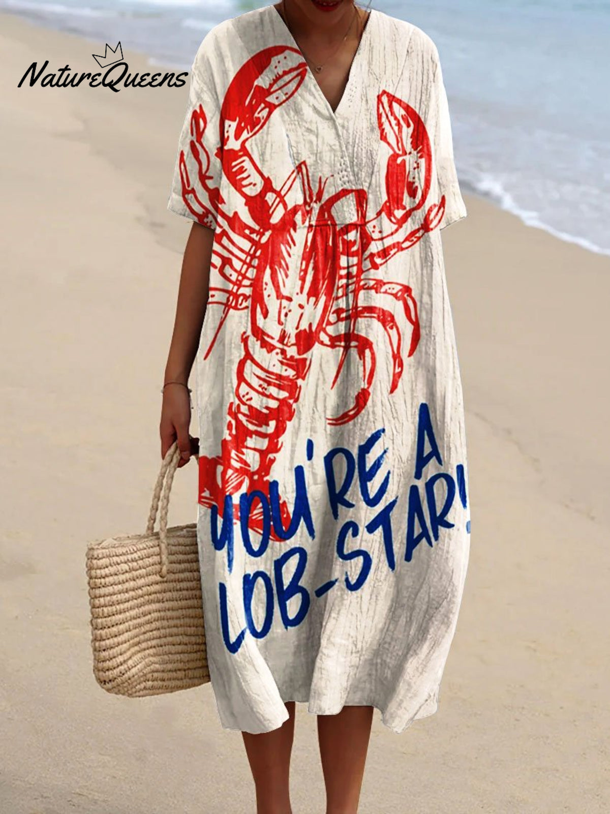 Women's Vintage Fish Lobster Art Print Flowy Dress