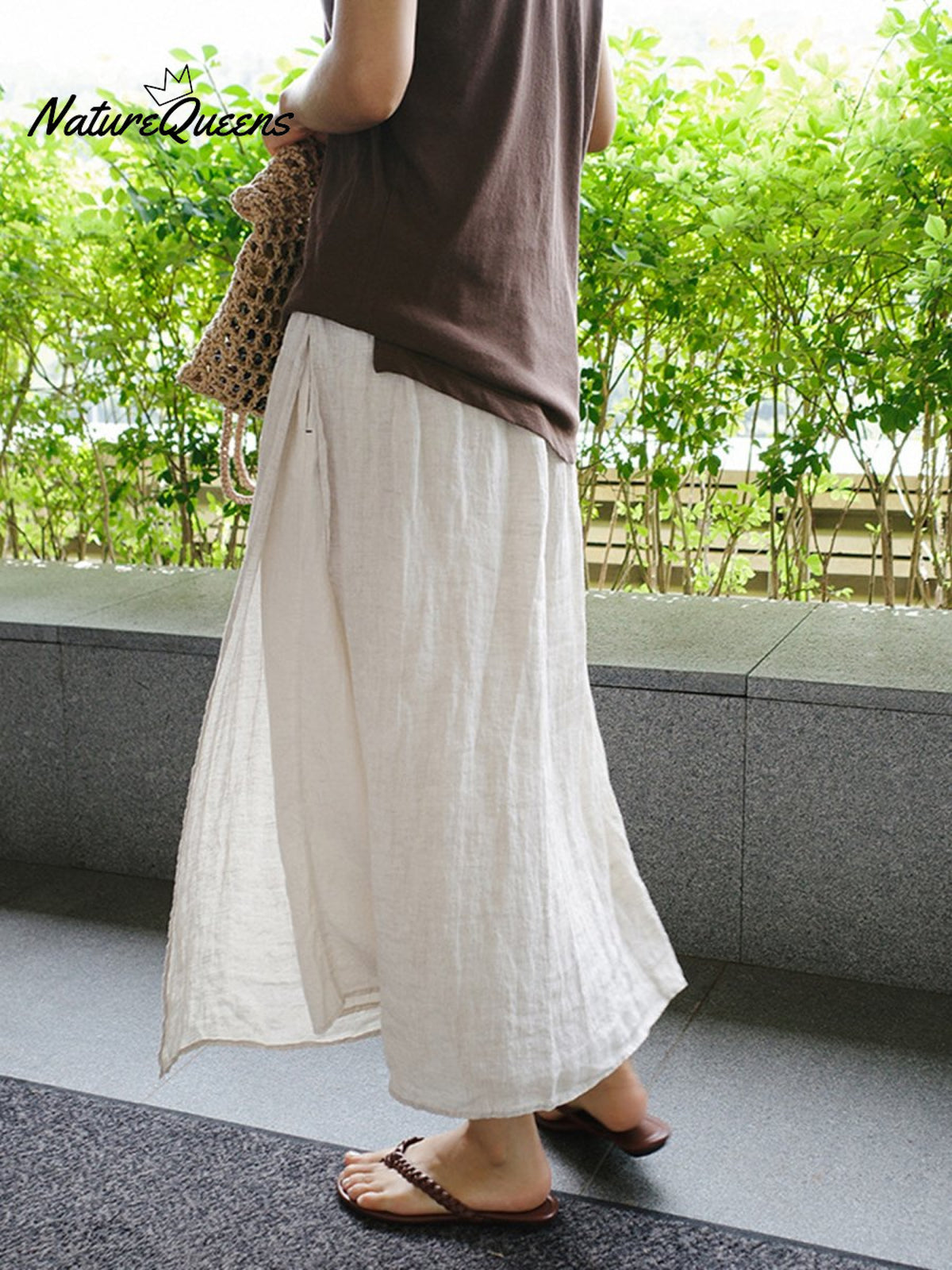 Women's Plain ColorCasual Nine-point Pants Fake Two-piece Cotton And Linen Wide-leg Pants Skirt