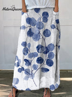 Women’s Retro Botanical Floral Linen Elastic Waistband Pocket Skirt