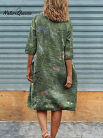 Woodland And Animals Pattern Printed Women’s Linen Pocket Tunic Dress