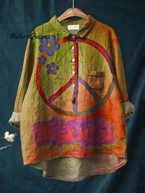 Women's Rainbow Color Retro Gradient Peace Sign Print Casual Cotton And Linen Shirt