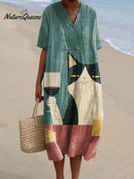 Women's Vintage Interesting Simple Drinking Cat Art Print Flowy Dress