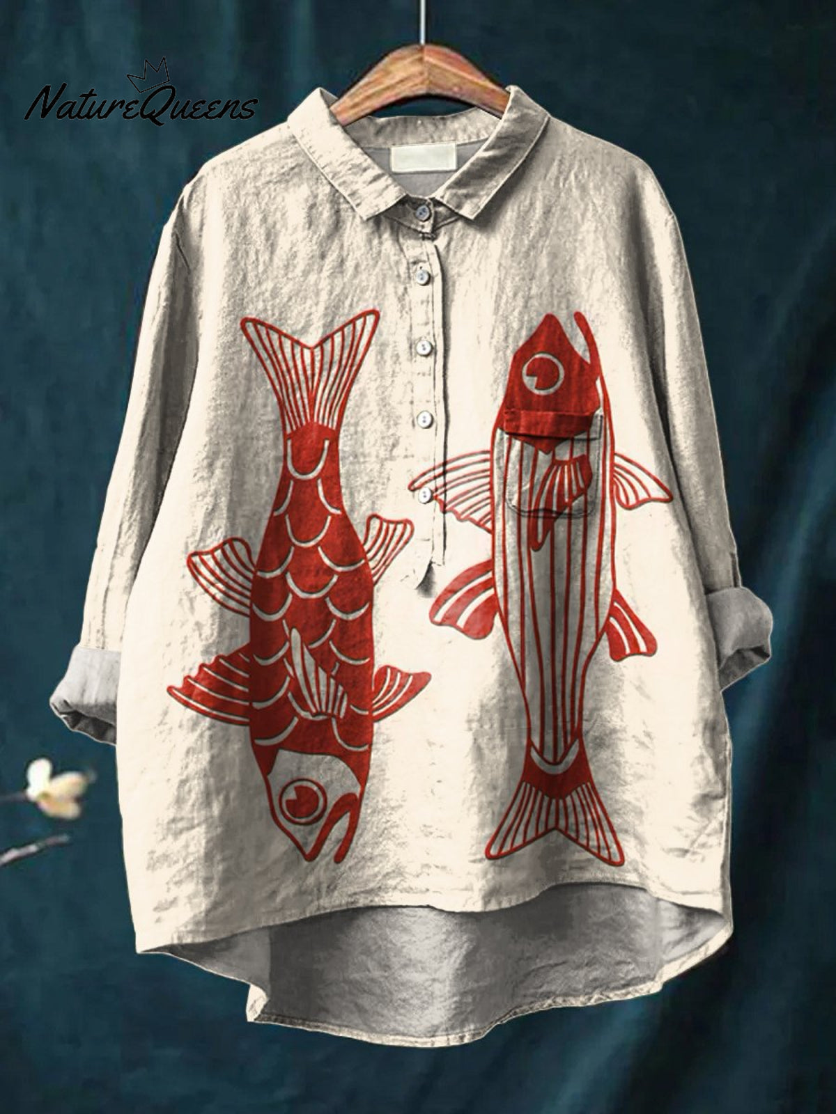 Women's Red Fish Vintage Fish Art Vintage Print Casual Cotton And Linen Shirt