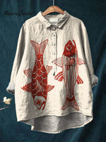 Women's Red Fish Vintage Fish Art Vintage Print Casual Cotton And Linen Shirt