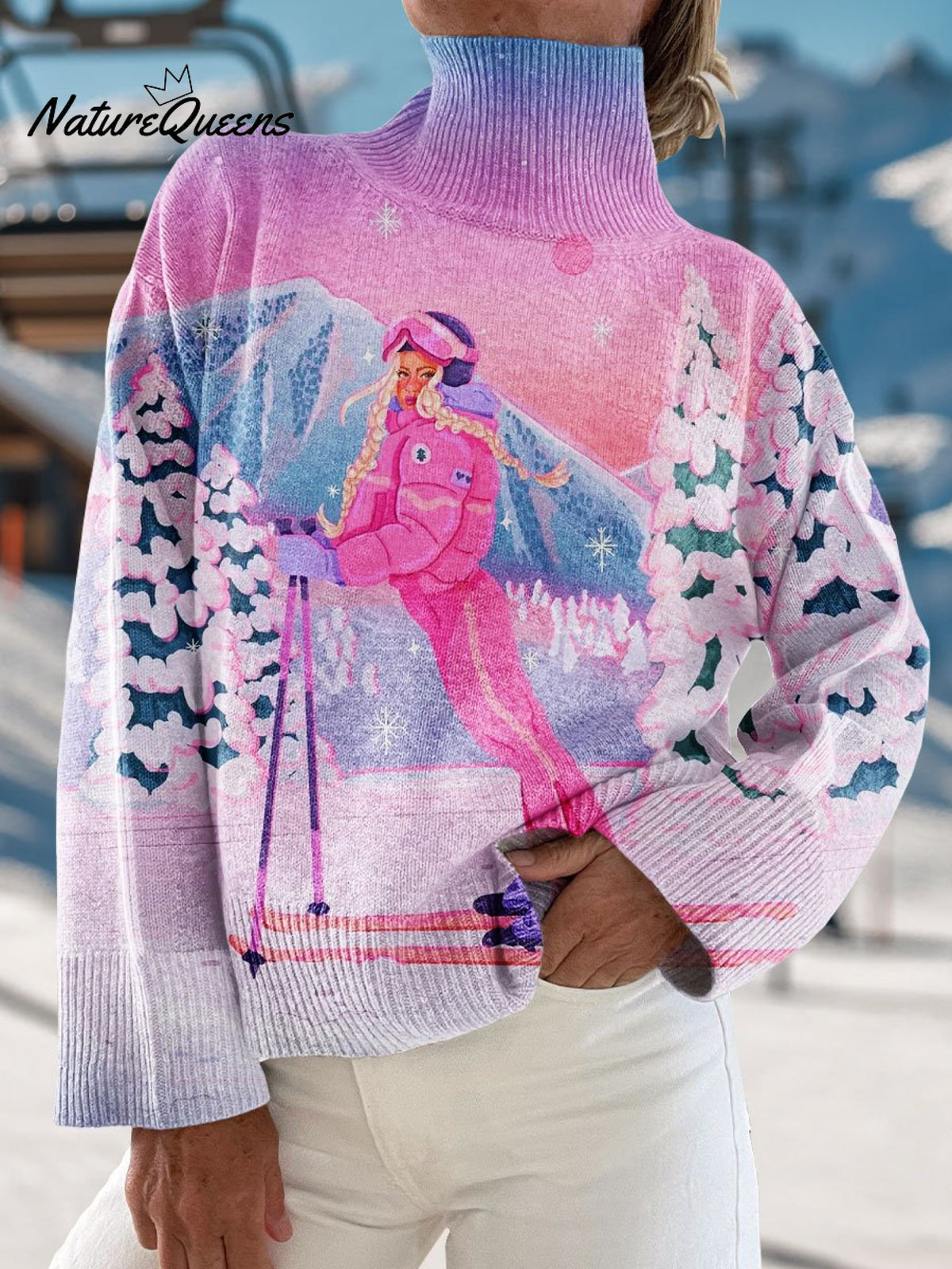 The Art of Skiing Print Knit Turtleneck Pullover Sweater