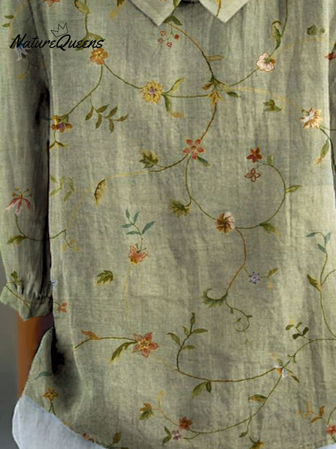 Women’s Vintage Floral Art Print Casual Cotton And Linen 3/4 Sleeve Shirt