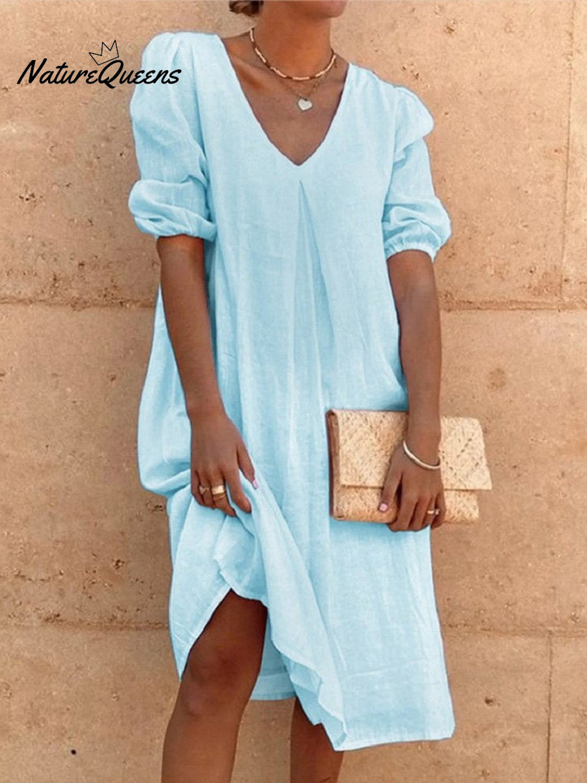 Cotton And Linen Solid Color Long Sleeve Casual Midi Dress