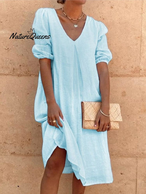 Cotton And Linen Solid Color Long Sleeve Casual Midi Dress