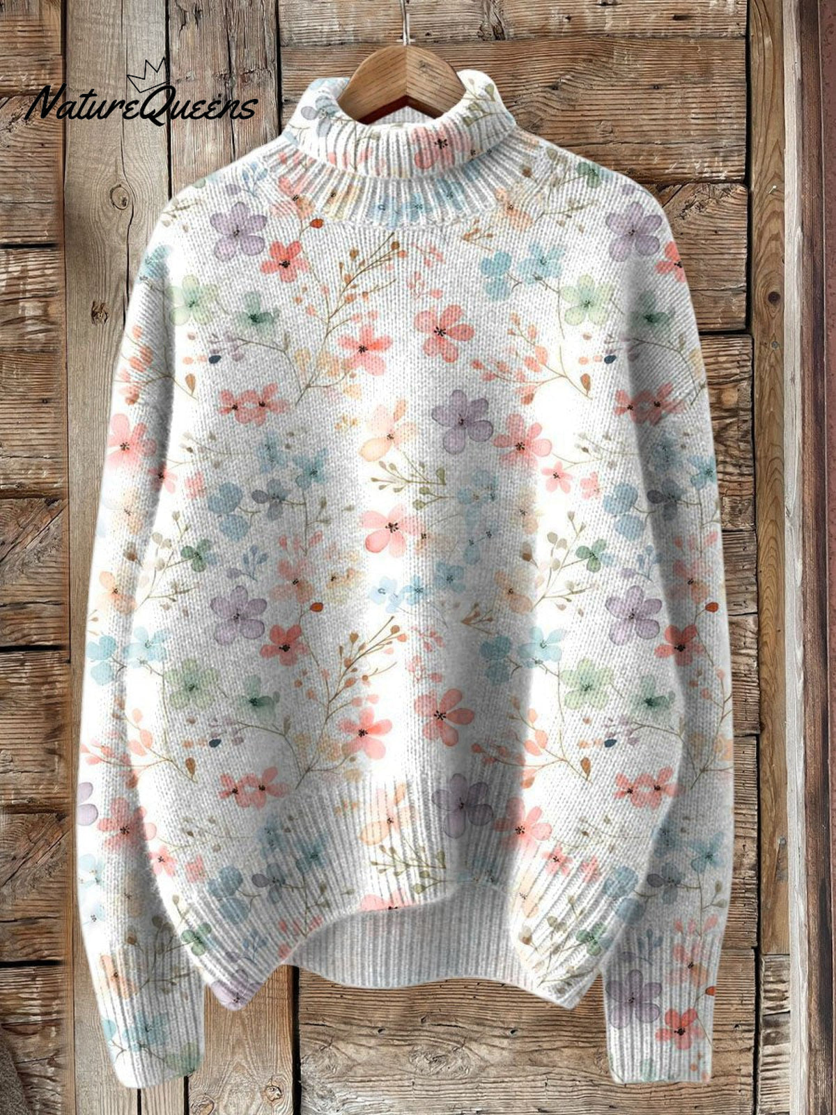 Lovely Floral Art Print Knit Turtleneck Pullover Sweater