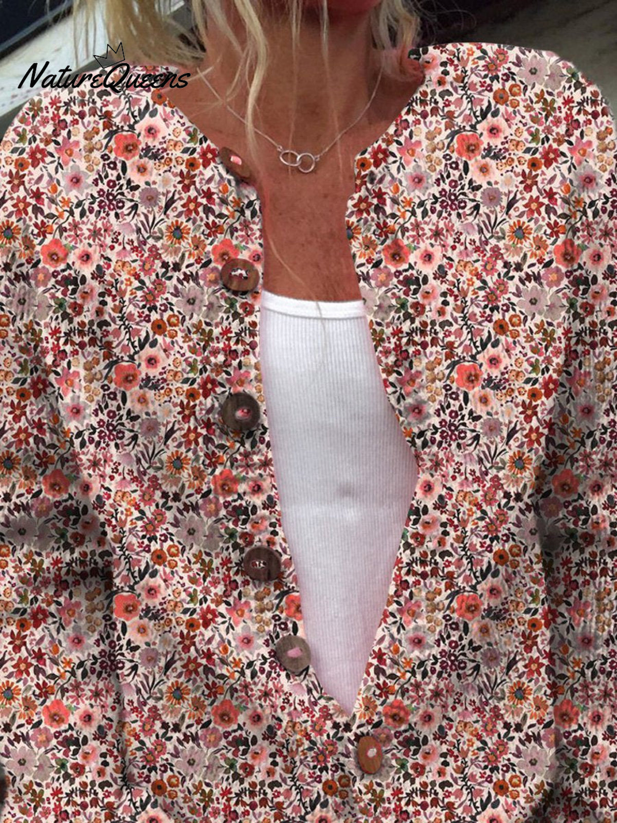 Autumn Color Floral Pattern Printed Buttoned Cardigan Sweater