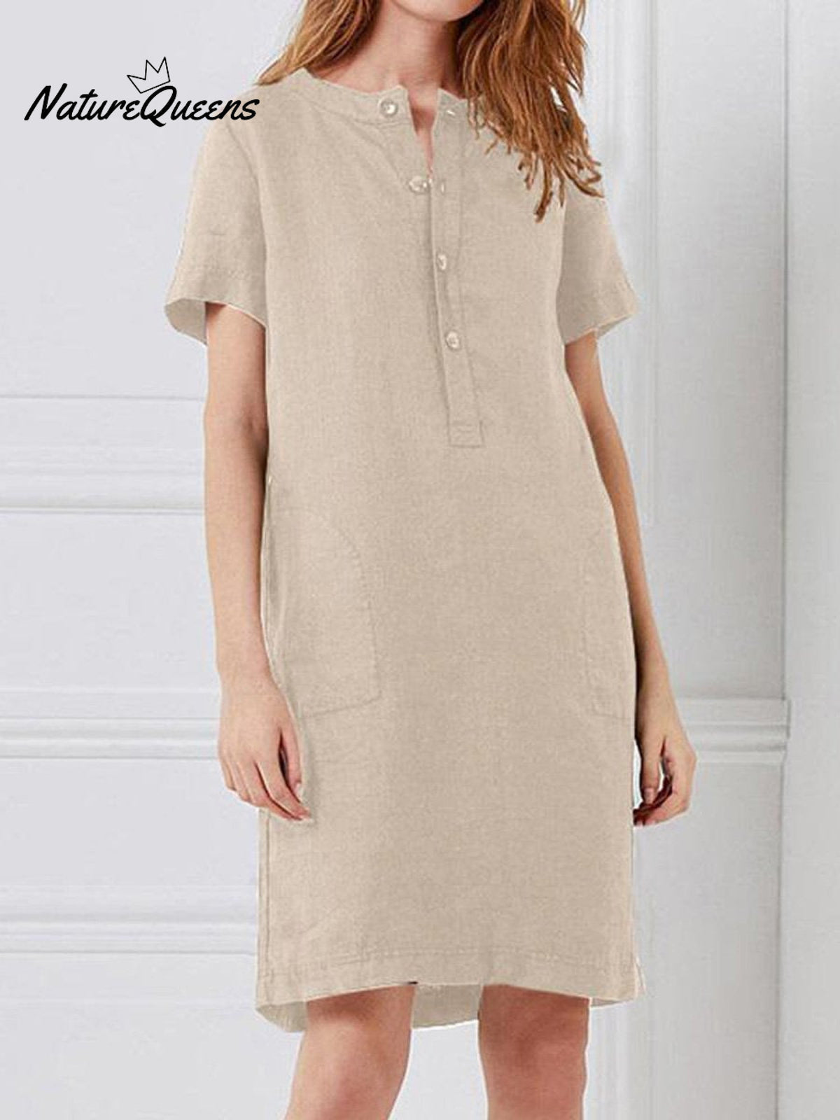 Cotton And Linen Short Sleeve Mid - Length Dresse Khaki / S
