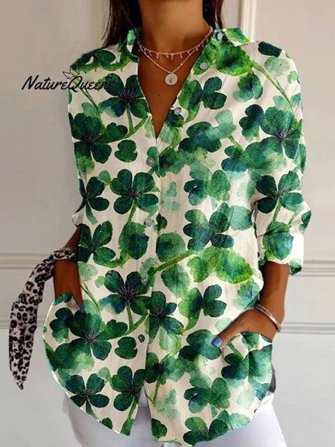 Women's  St. Patrick'S Day Retro Lucky Clover Print Casual Cotton Shirt