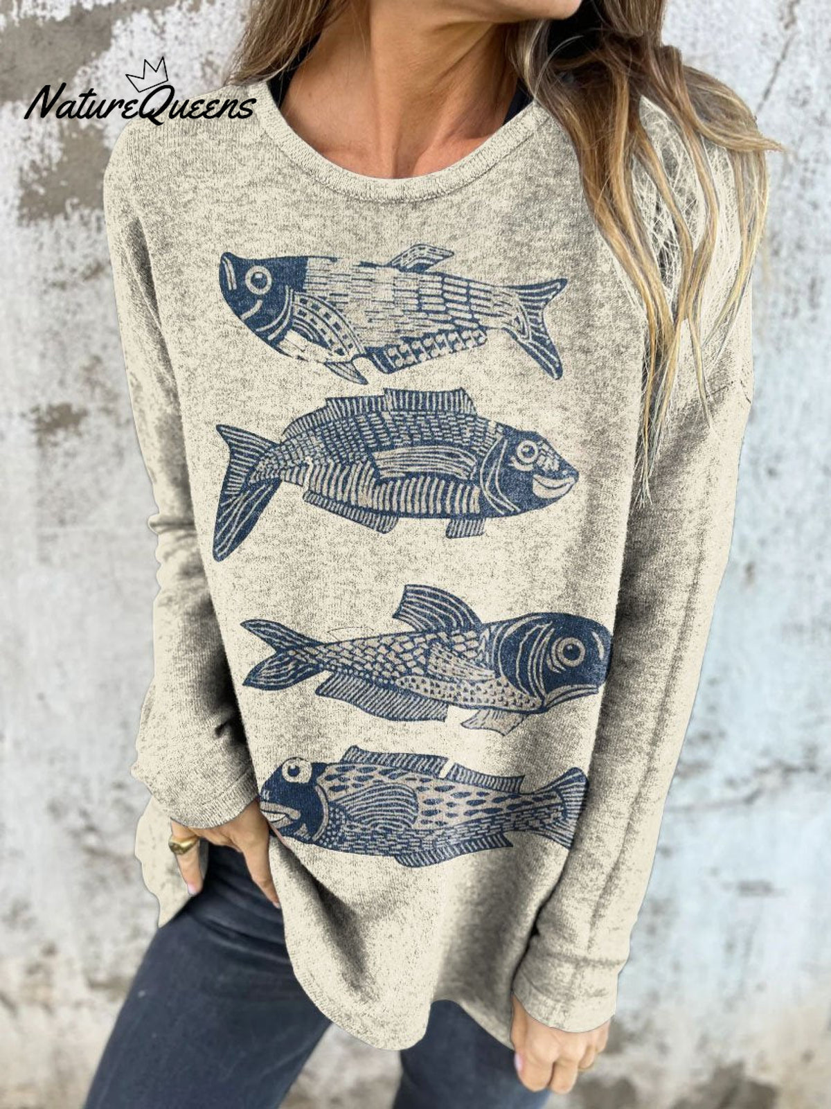Women's Vintage Lovely Fish Art Print Button Back Casual Knitted Shirt