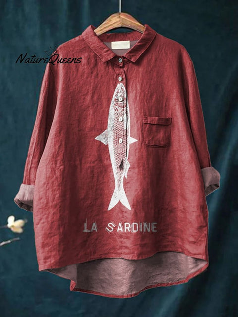 Sardine Fish Graphic Printed Women's Casual Cotton And Linen Shirt