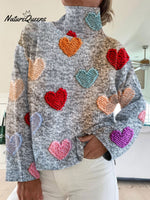 Valentine's Day Art Love Print Knit Turtleneck Pullover Sweater