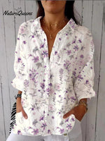 Women's Purple Elegant Flower Floral Print Casual Linen V-neck Shirt