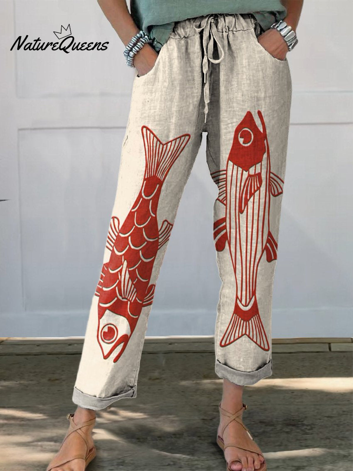 Women's Red Fish Vintage Art Printed 100%Cotton Casual Pants
