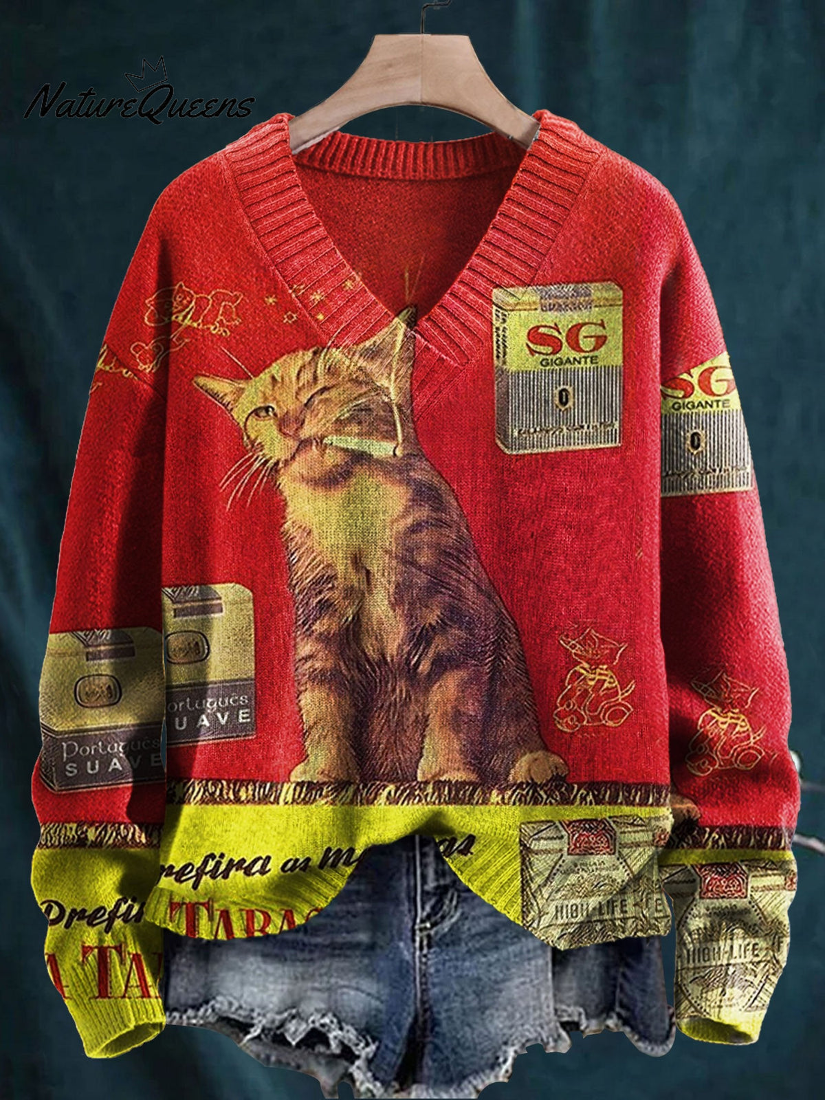 Retro Cat Art Print Knit V-neck Pullover Sweater