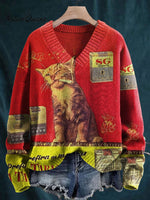 Retro Cat Art Print Knit V-neck Pullover Sweater