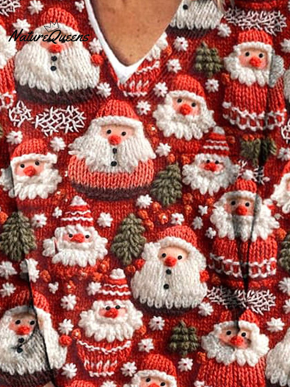 Lovely Christmas Santa Art Print Knit V-neck Pullover Sweater