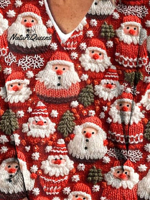 Lovely Christmas Santa Art Print Knit V-neck Pullover Sweater
