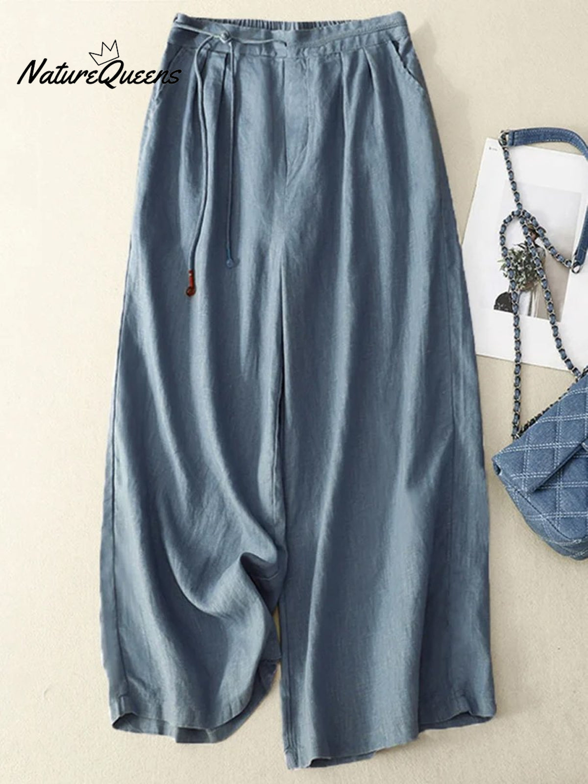 Women's Literary Solid Color Cotton and Linen Wide-leg Pants Cropped Pants